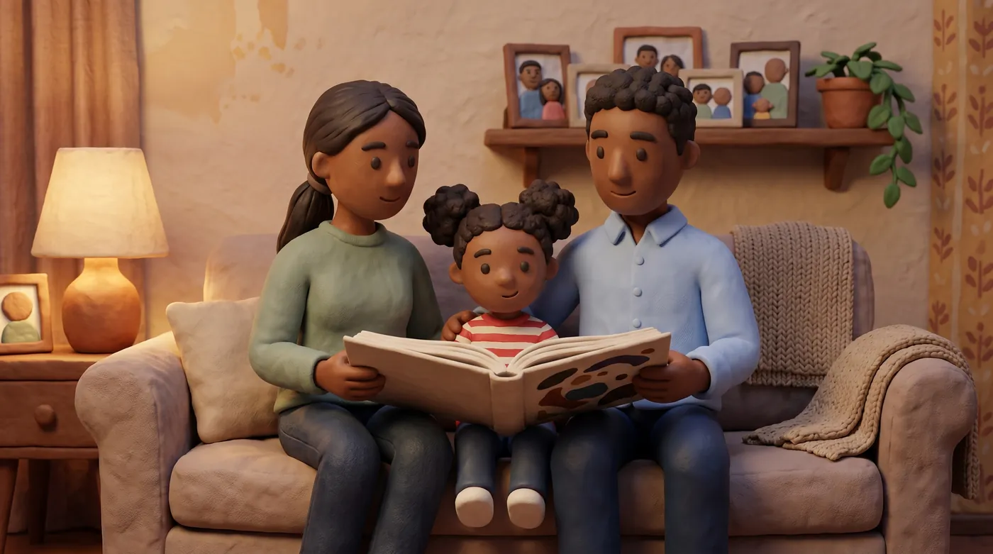 Claymation scene of a family reading a picture book together on the sofa